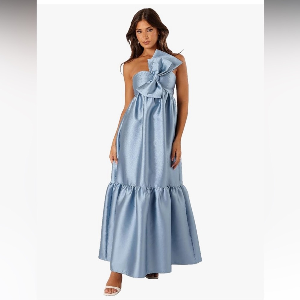 Petal & Pup Powder Blue One-Shoulder Maxi Dress with Bow